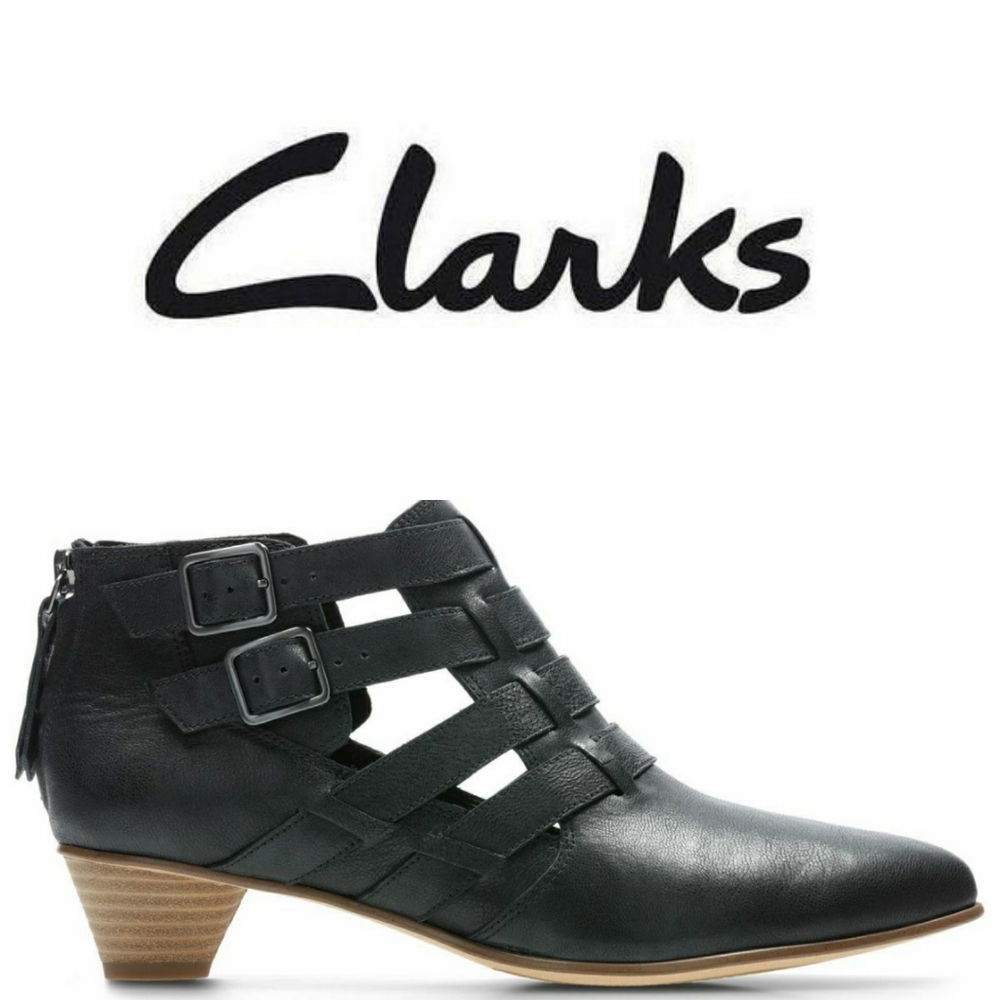 Clarks Black Ankle Boots with Tan Heel